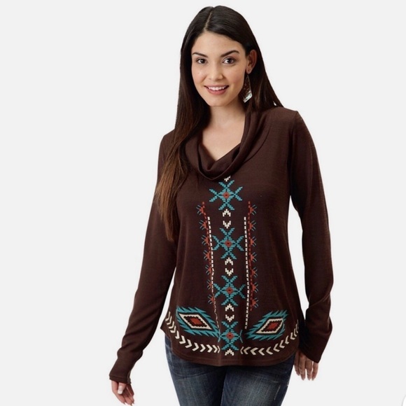 Roper Sweaters - Womens Roper Brown Cowl Neck Tribal Embroidered Western Cowgirl Sweater Sz Sm